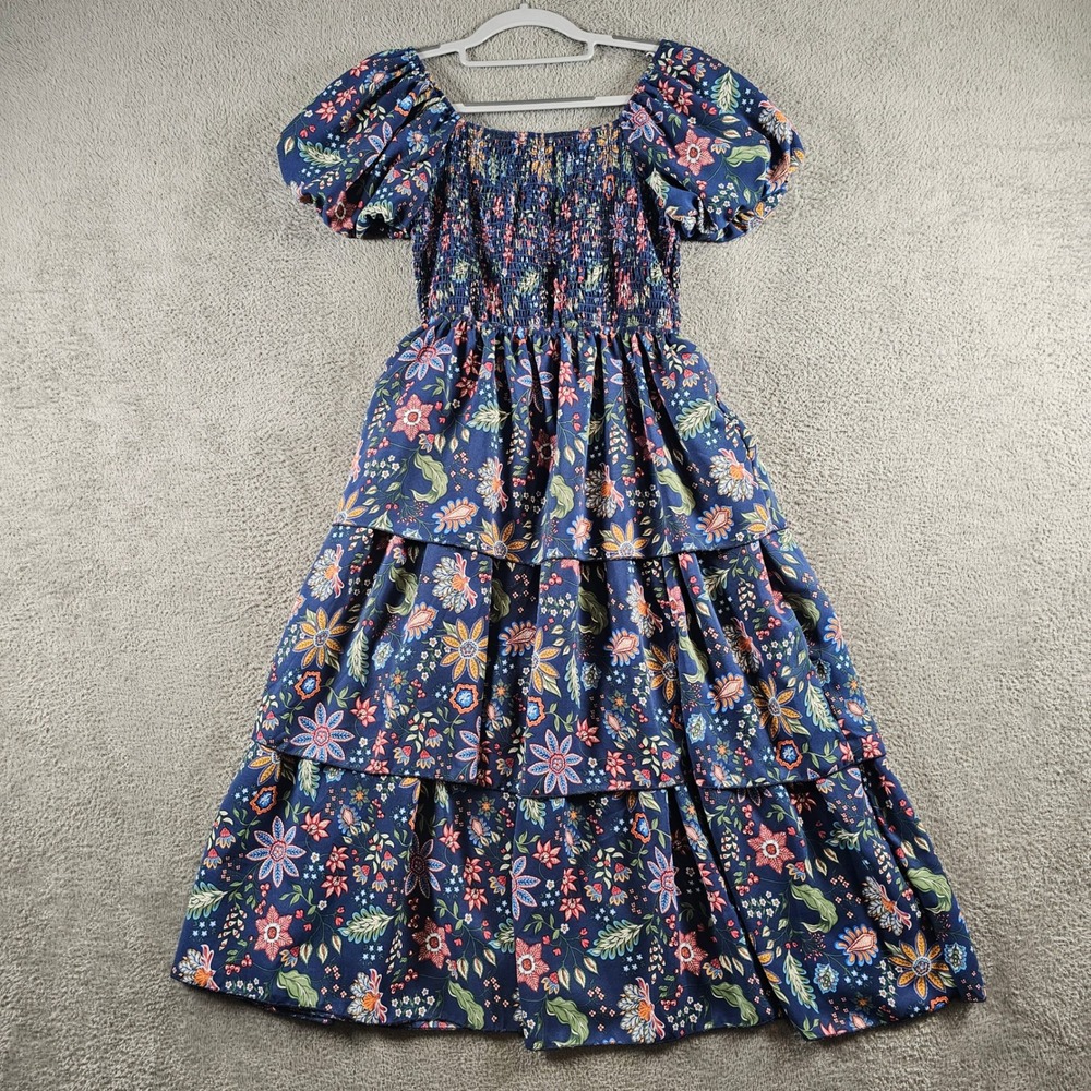 Simply Southern Navy Floral Paisley Smocked Tiered Puff Sleeve Maxi Dress M